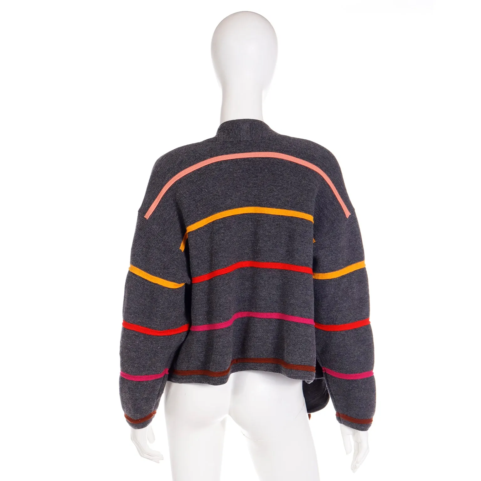 1980s Escada Margaretha Ley Grey Wool Sweater W Colorful Pom Poms