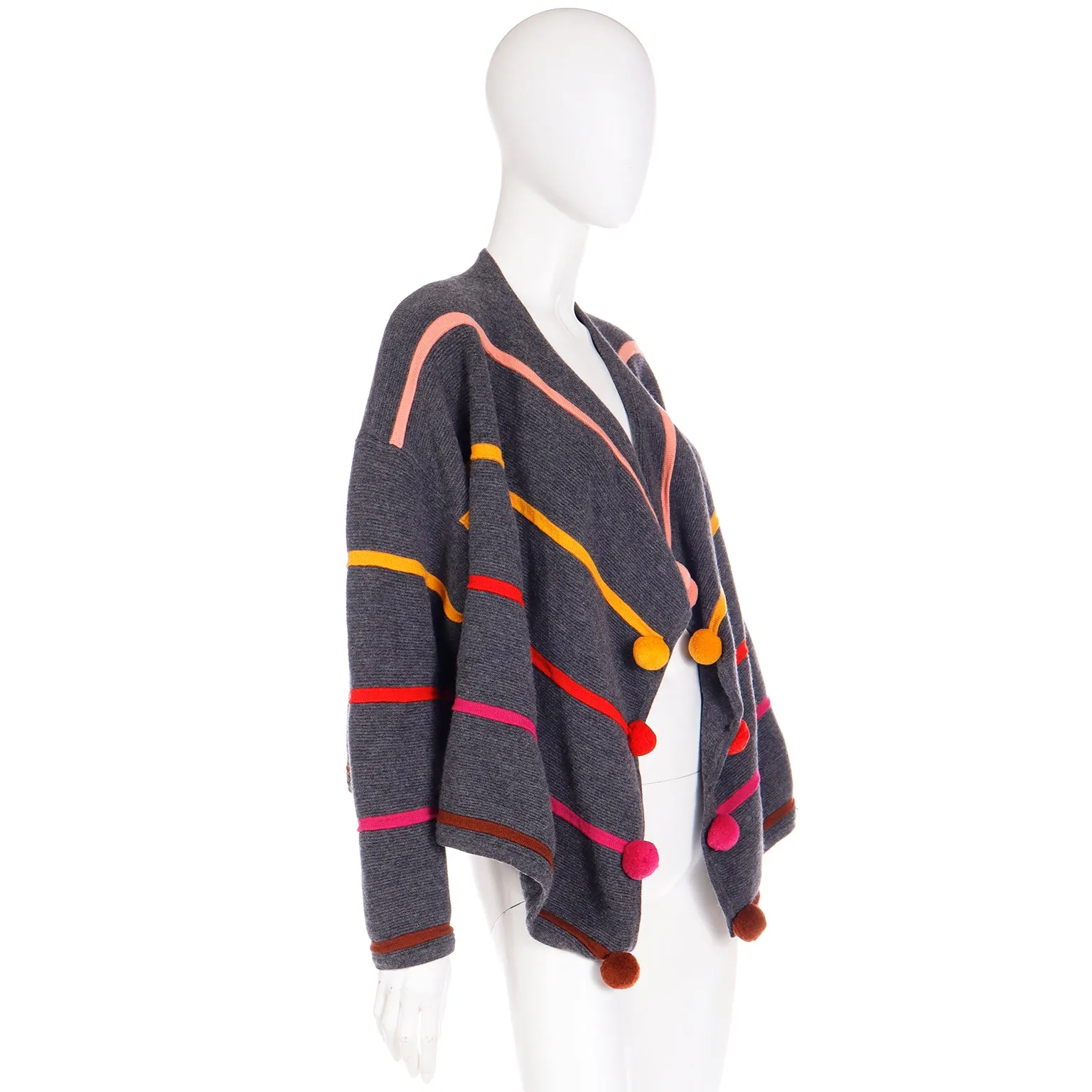 1980s Escada Margaretha Ley Grey Wool Sweater W Colorful Pom Poms