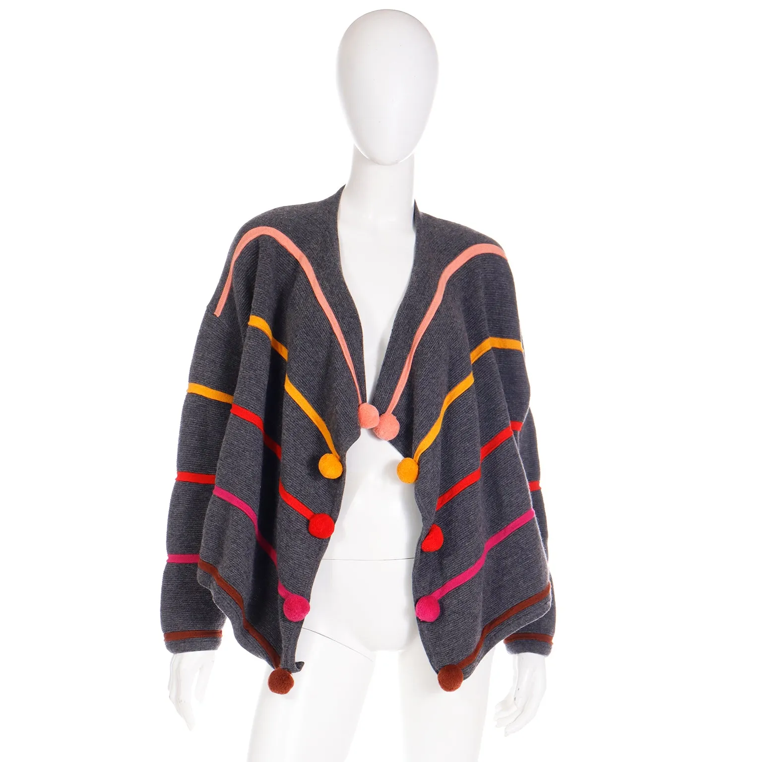 1980s Escada Margaretha Ley Grey Wool Sweater W Colorful Pom Poms