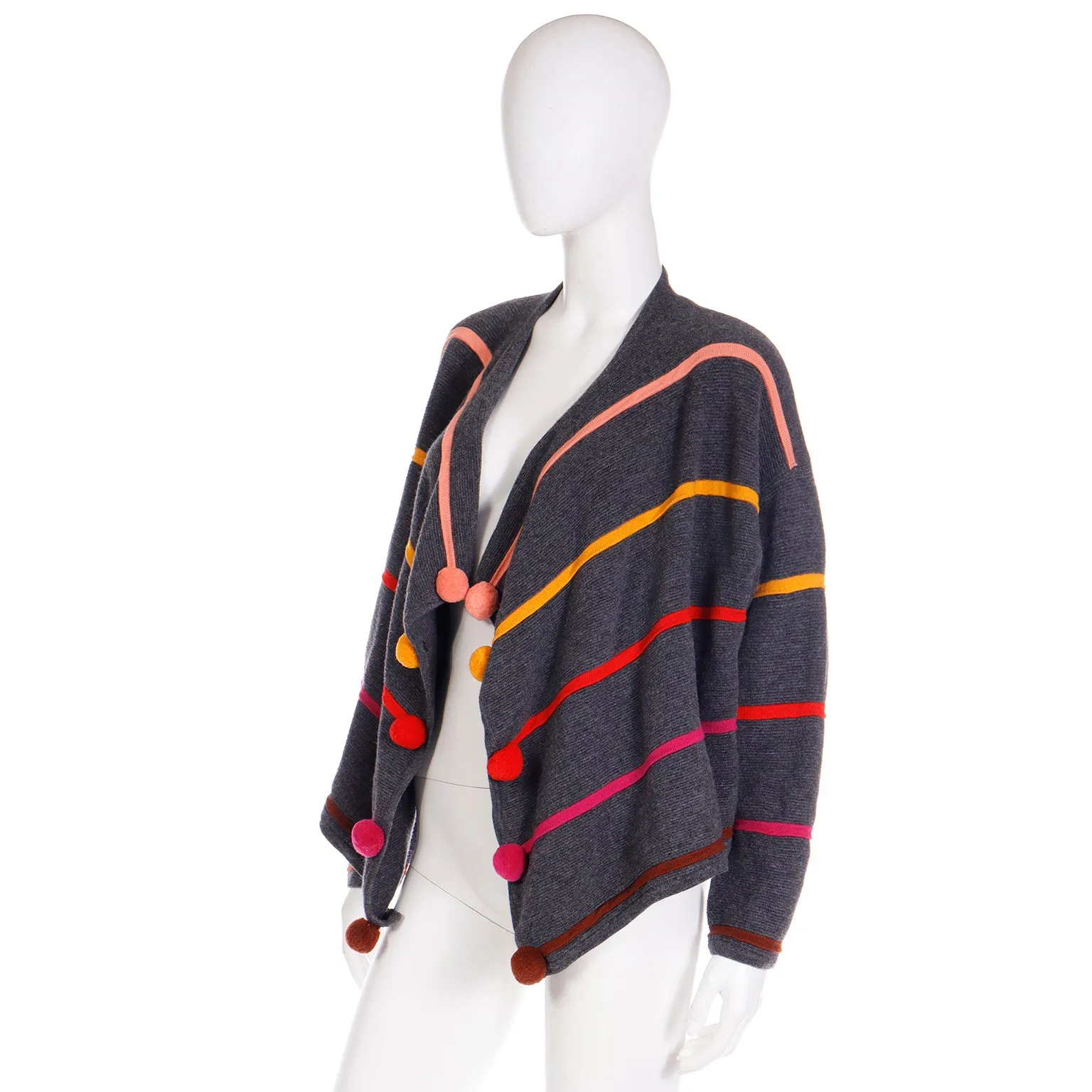 1980s Escada Margaretha Ley Grey Wool Sweater W Colorful Pom Poms