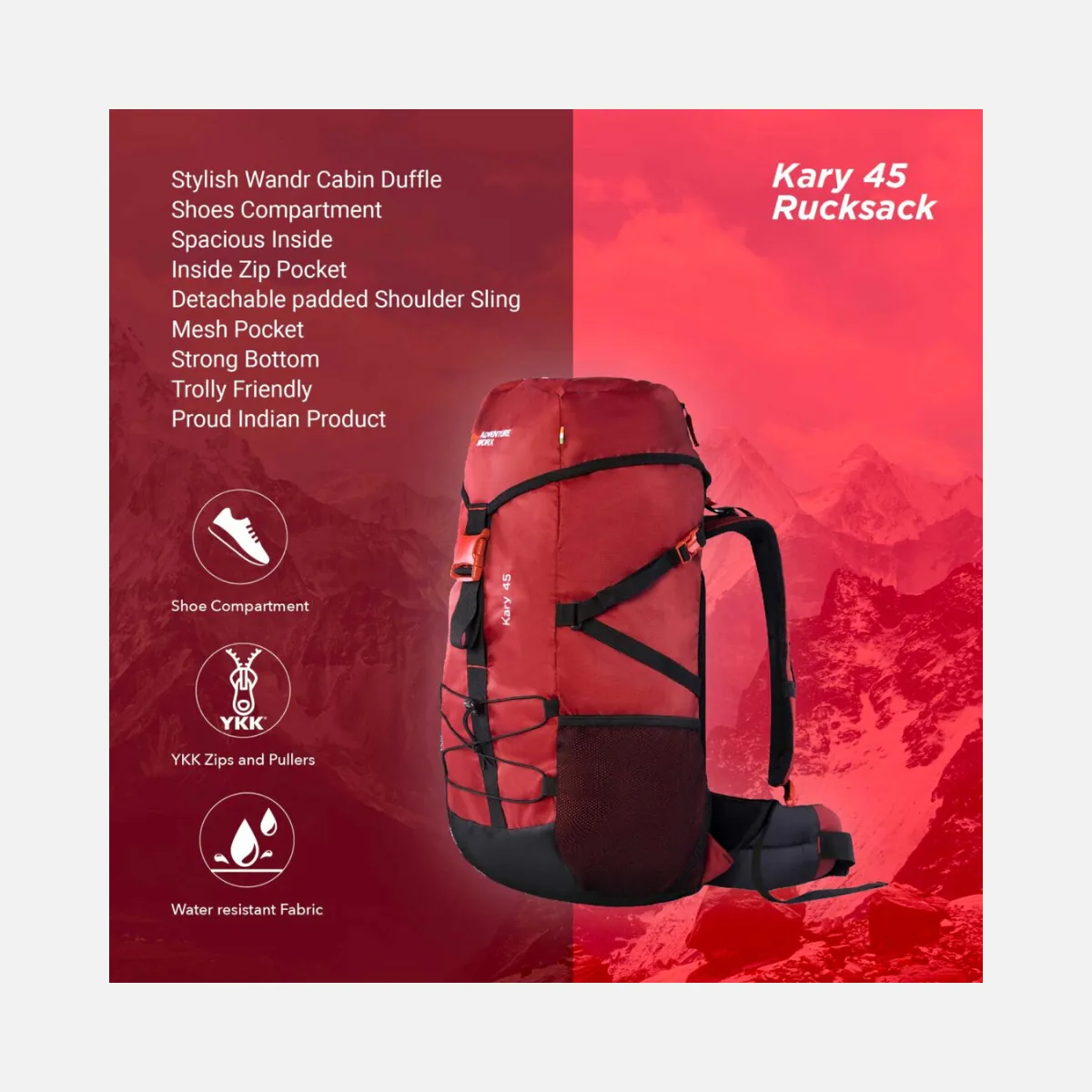 Adventure Worx Kary 45 L Traveling Rucksack  -Red/Blue