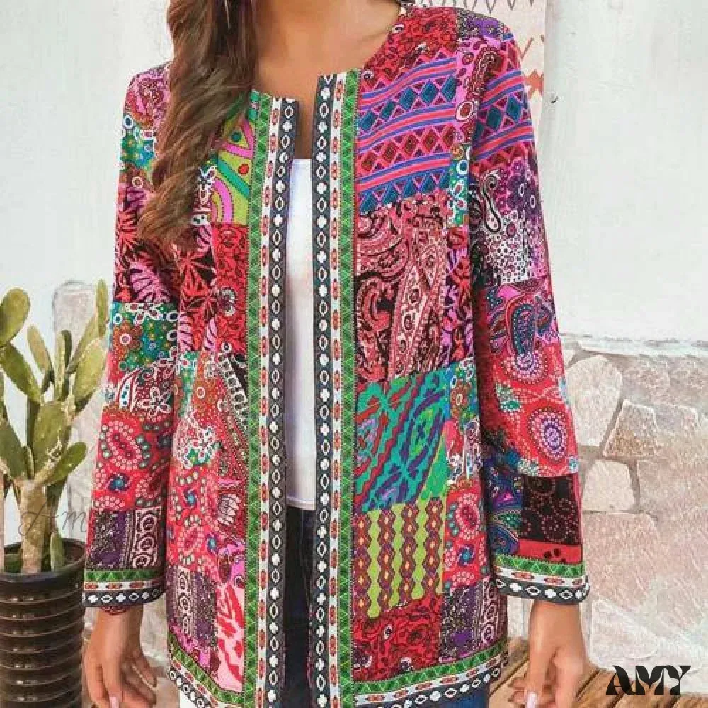 Amy Fashion - Ethnic Floral Print Long Sleeve Loose Coat Cardigan Chic Outerwear