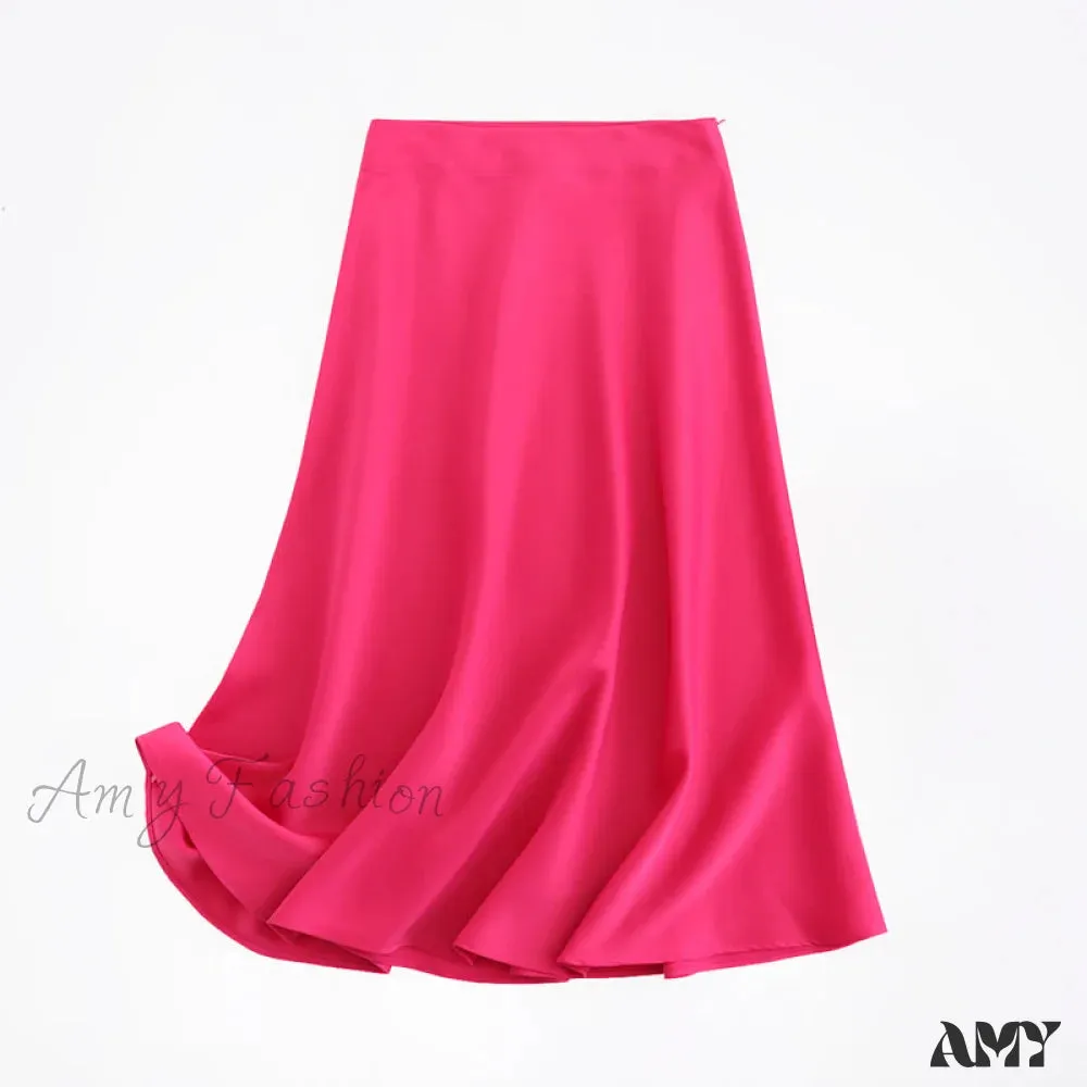 Amy Fashion - Solid Color High Quality Satin Midi Skirt