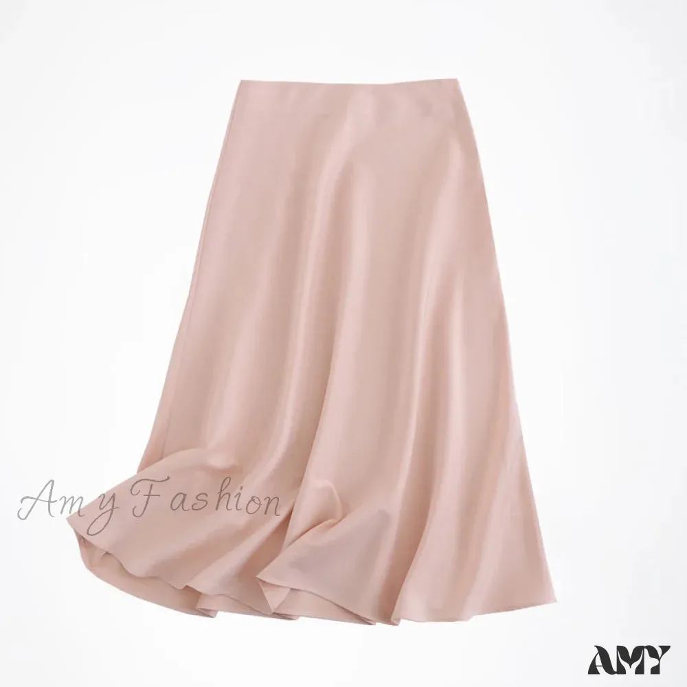 Amy Fashion - Solid Color High Quality Satin Midi Skirt