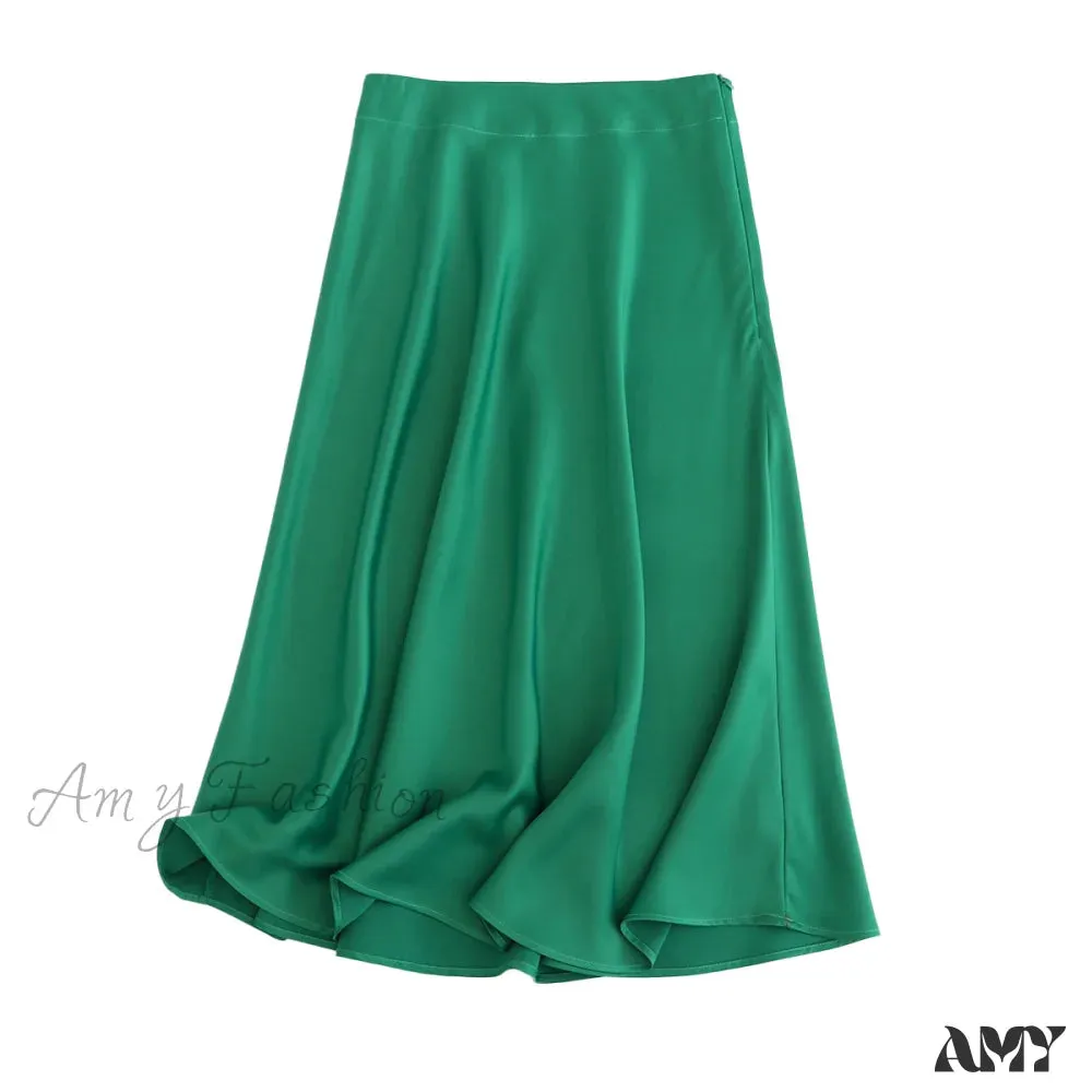 Amy Fashion - Solid Color High Quality Satin Midi Skirt