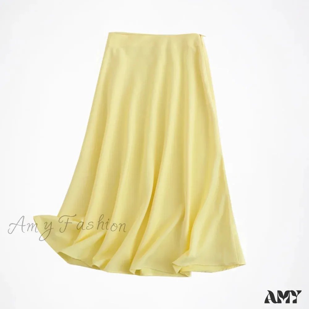 Amy Fashion - Solid Color High Quality Satin Midi Skirt