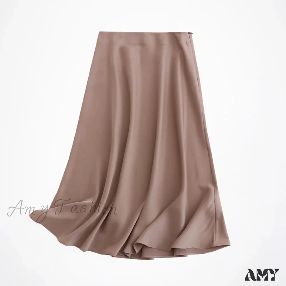 Amy Fashion - Solid Color High Quality Satin Midi Skirt