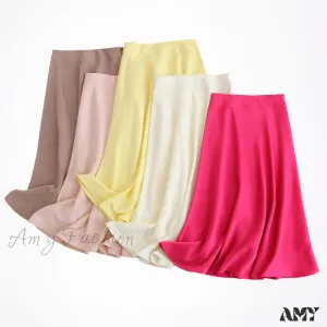 Amy Fashion - Solid Color High Quality Satin Midi Skirt