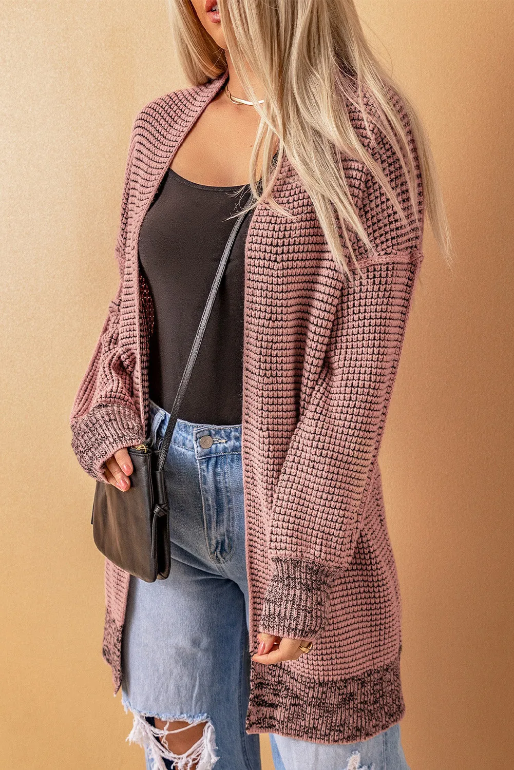 Apricot Plaid Knitted Long Open Front Cardigan