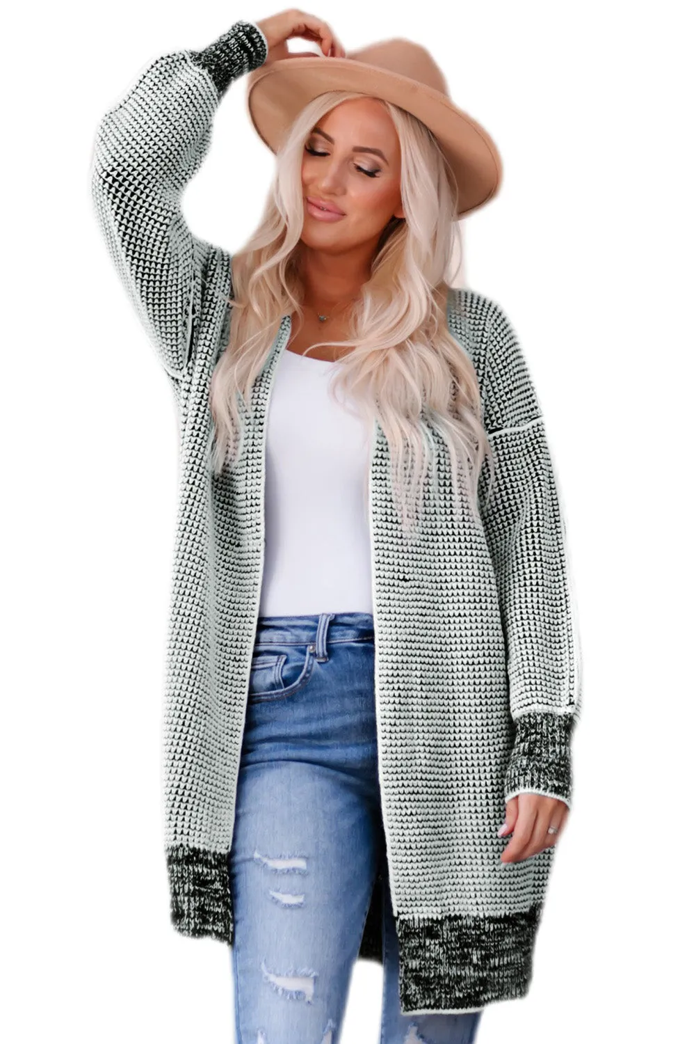 Apricot Plaid Knitted Long Open Front Cardigan