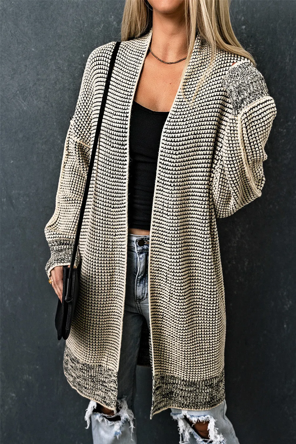 Apricot Plaid Knitted Long Open Front Cardigan