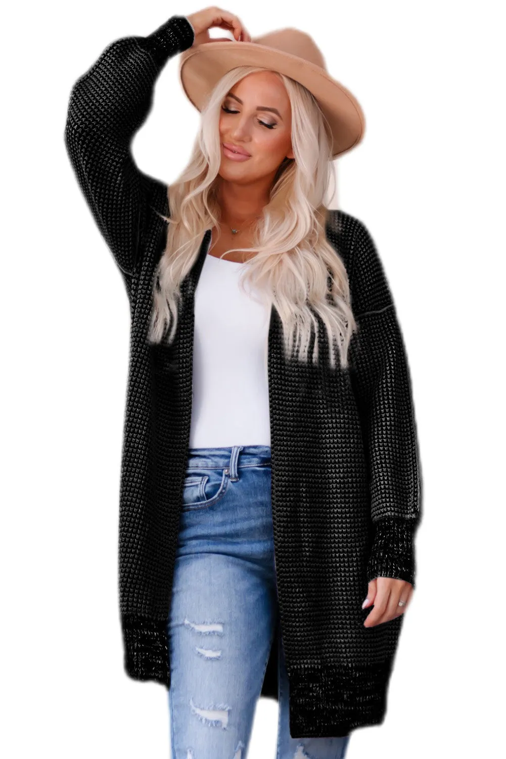 Apricot Plaid Knitted Long Open Front Cardigan