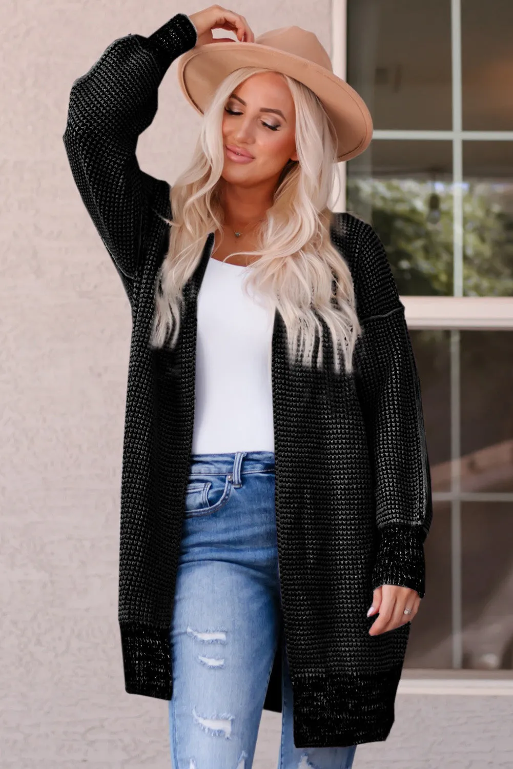 Apricot Plaid Knitted Long Open Front Cardigan