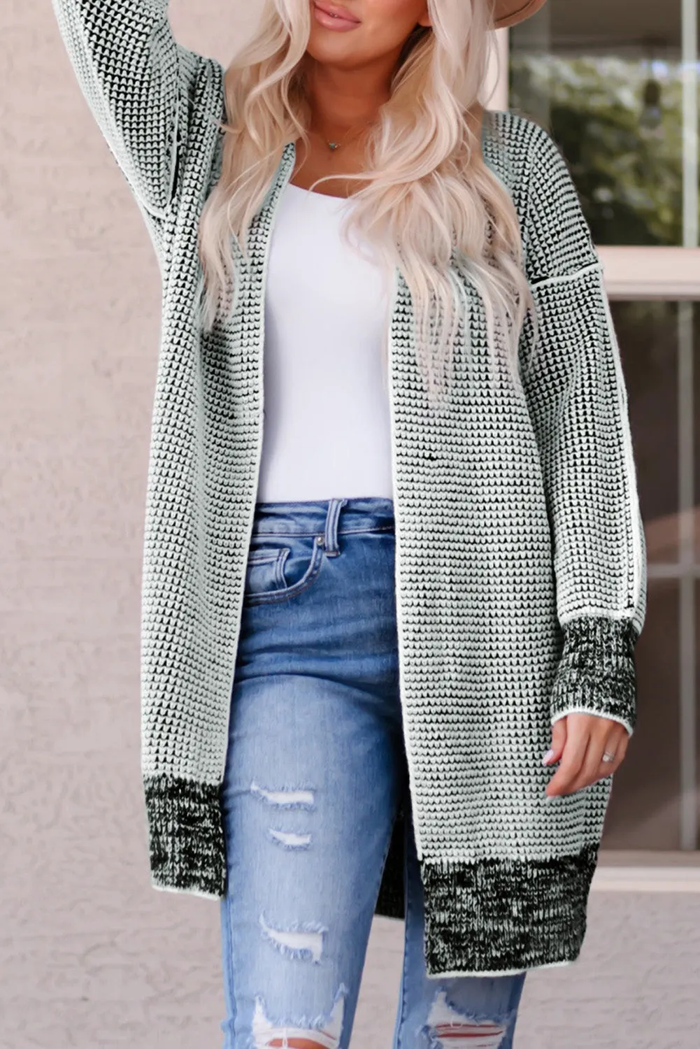 Apricot Plaid Knitted Long Open Front Cardigan