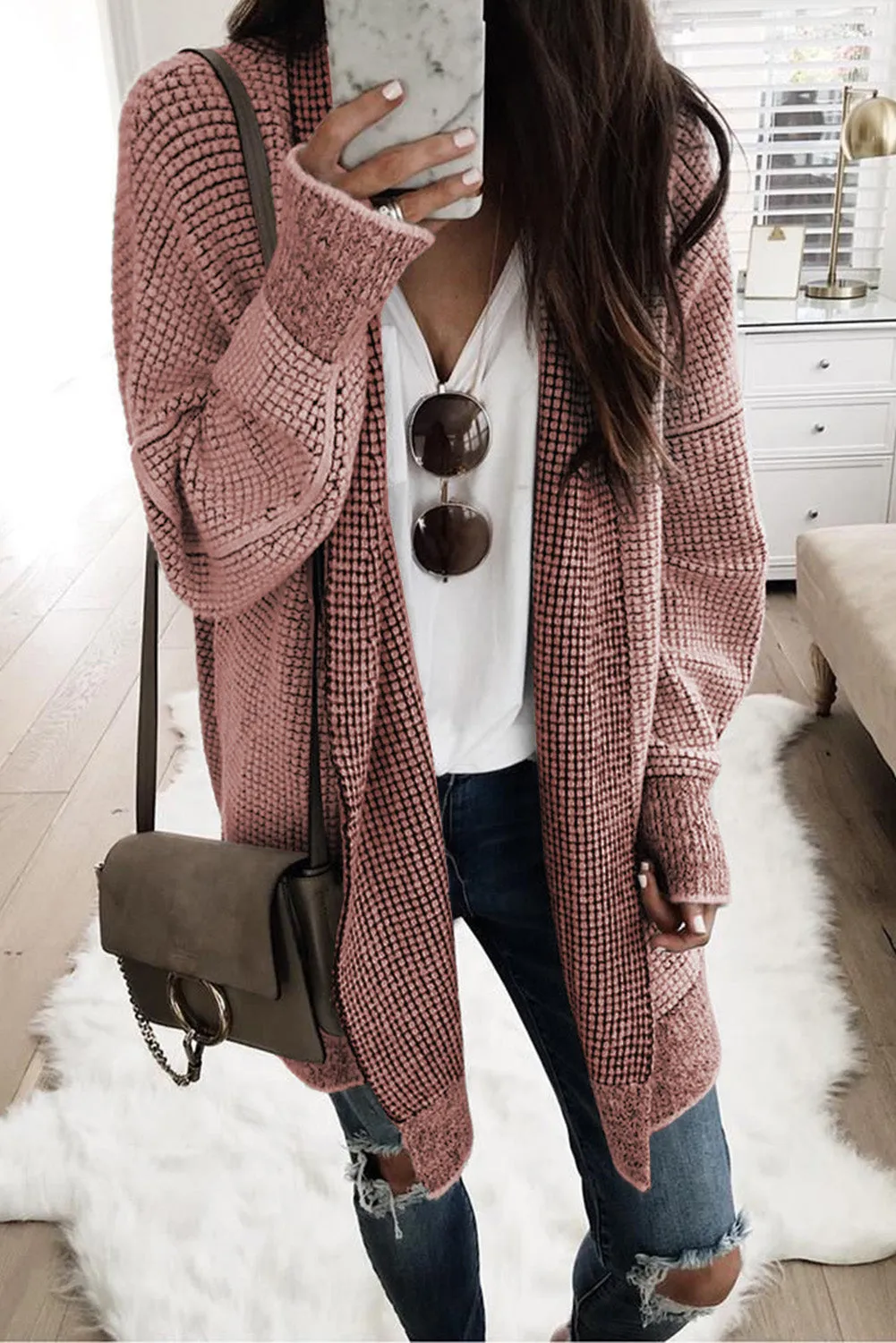 Apricot Plaid Knitted Long Open Front Cardigan