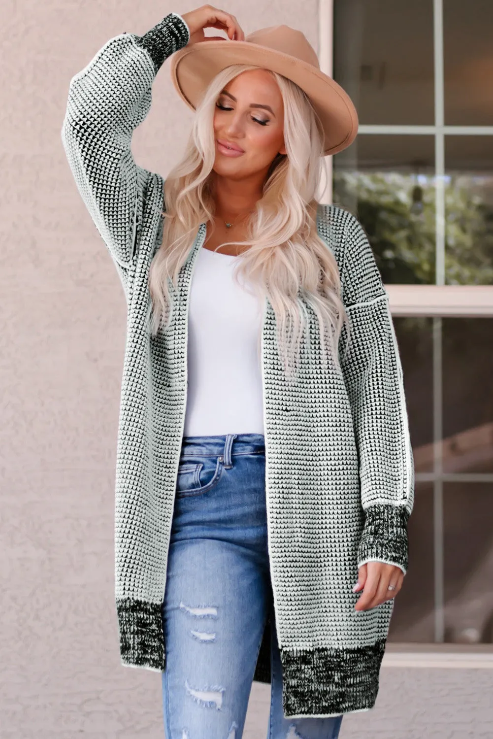 Apricot Plaid Knitted Long Open Front Cardigan