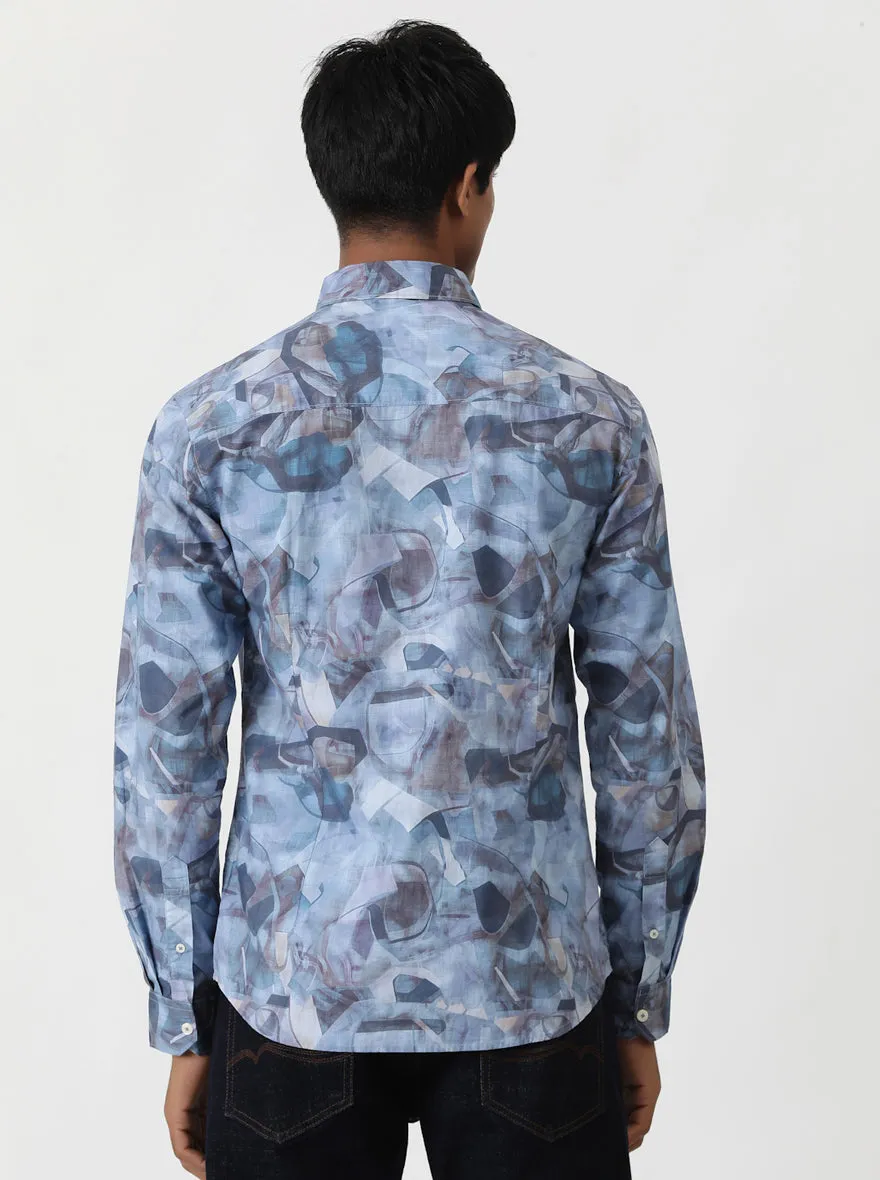 Aqua Blue Printed Slim Fit Casual Shirt | Greenfibre