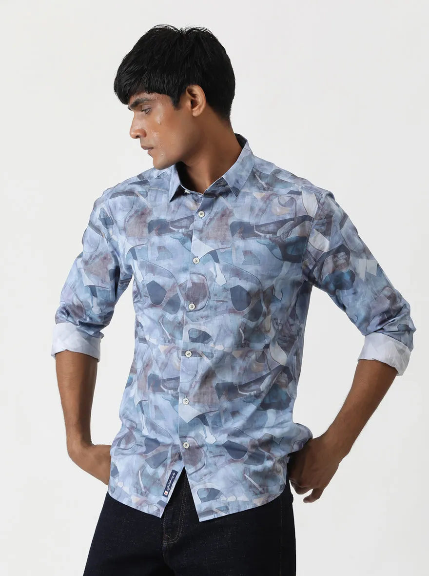 Aqua Blue Printed Slim Fit Casual Shirt | Greenfibre