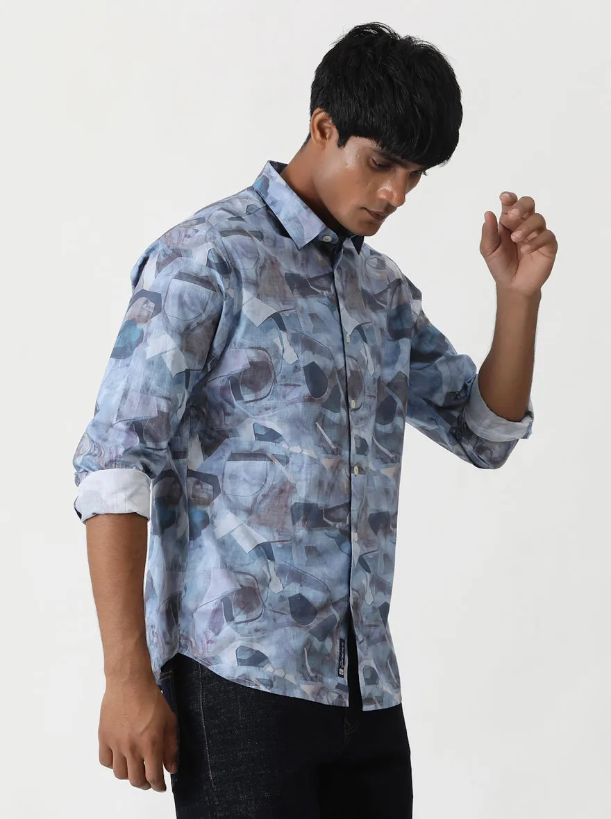 Aqua Blue Printed Slim Fit Casual Shirt | Greenfibre