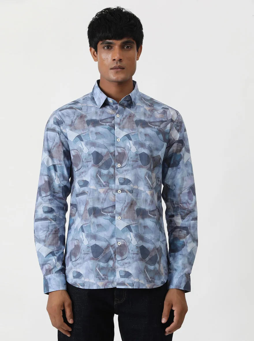 Aqua Blue Printed Slim Fit Casual Shirt | Greenfibre