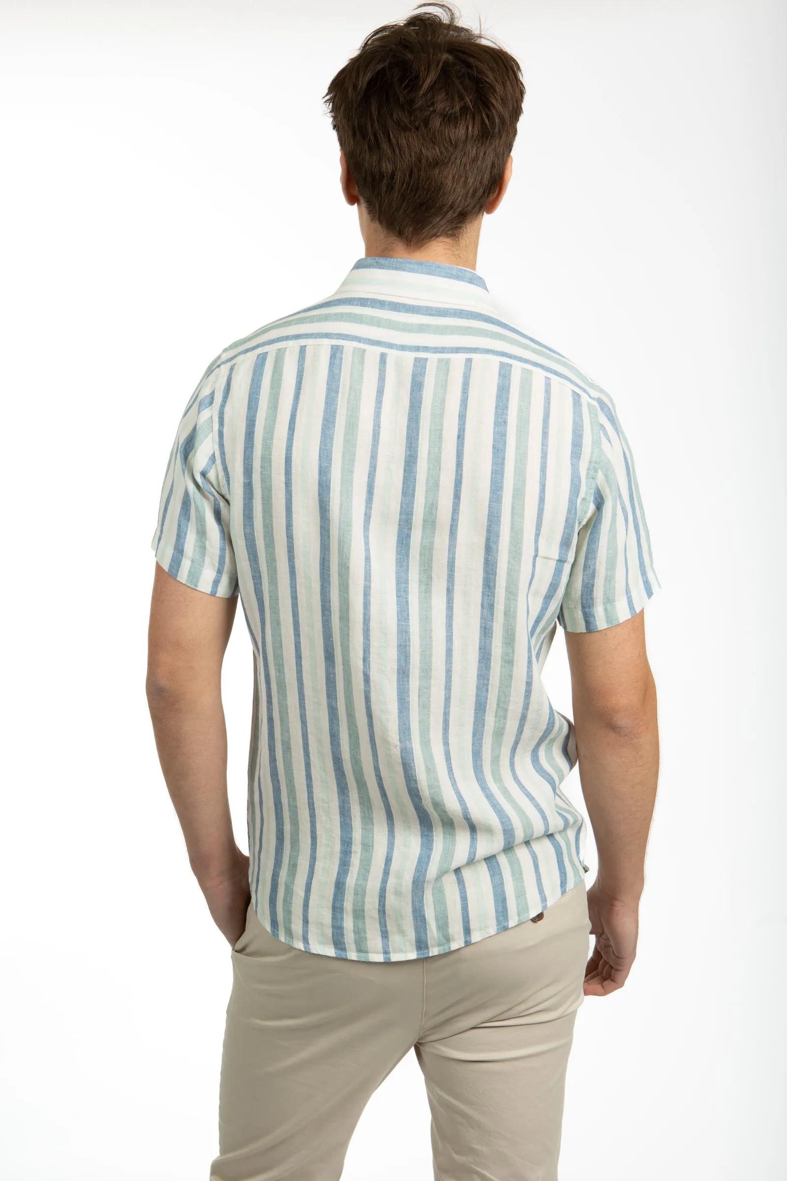 Aqua Short Sleeve Stripe Linen Shirt