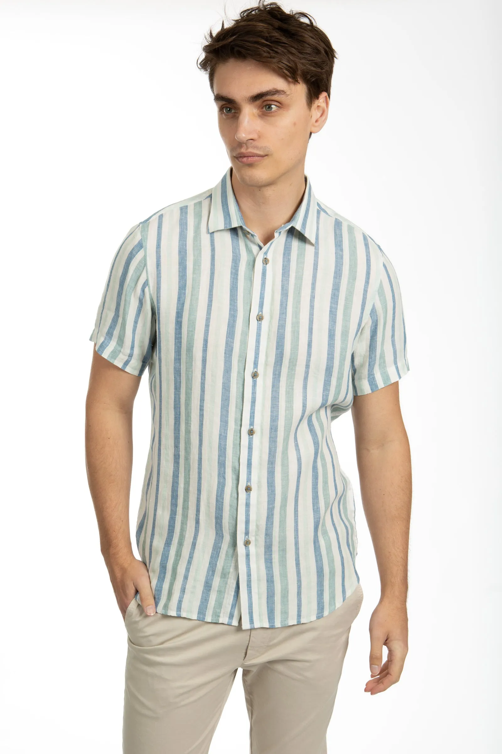 Aqua Short Sleeve Stripe Linen Shirt