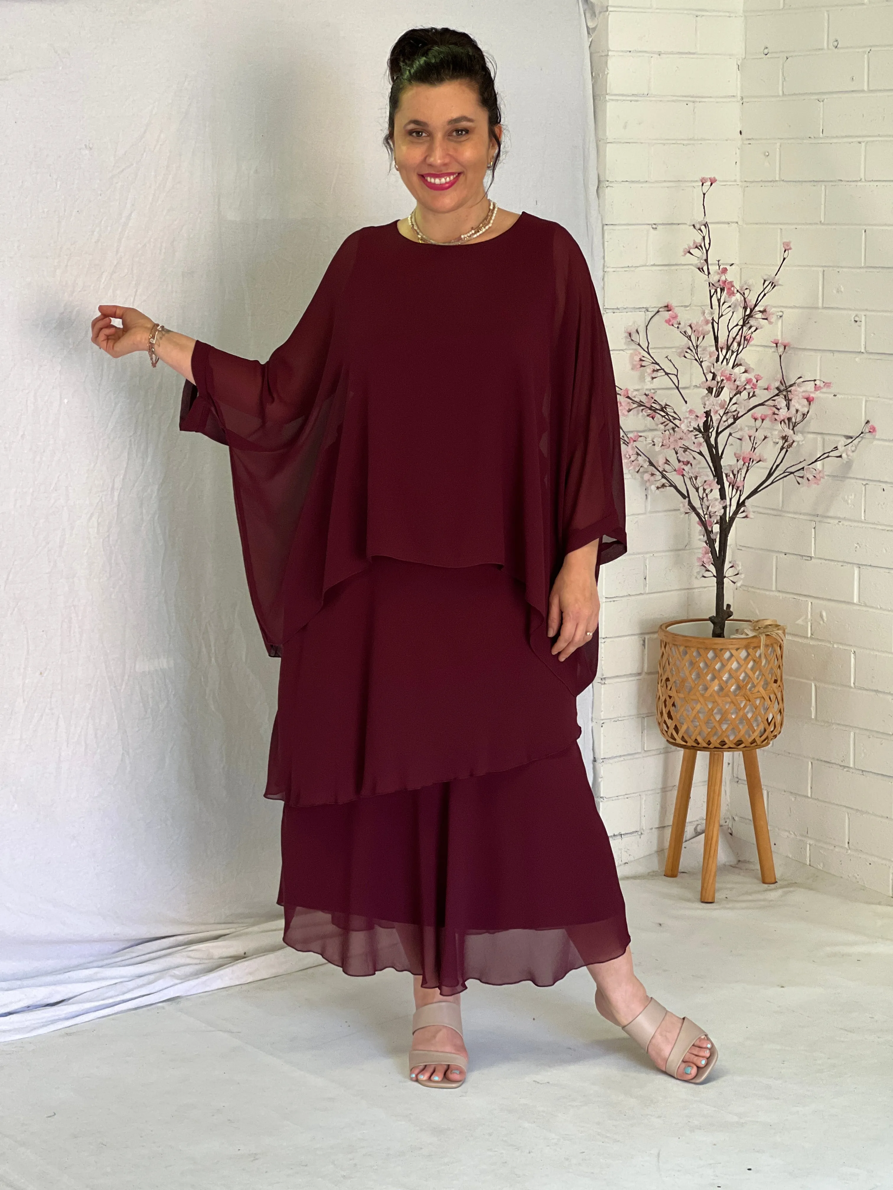 Aria Burgundy Chiffon Evening Top