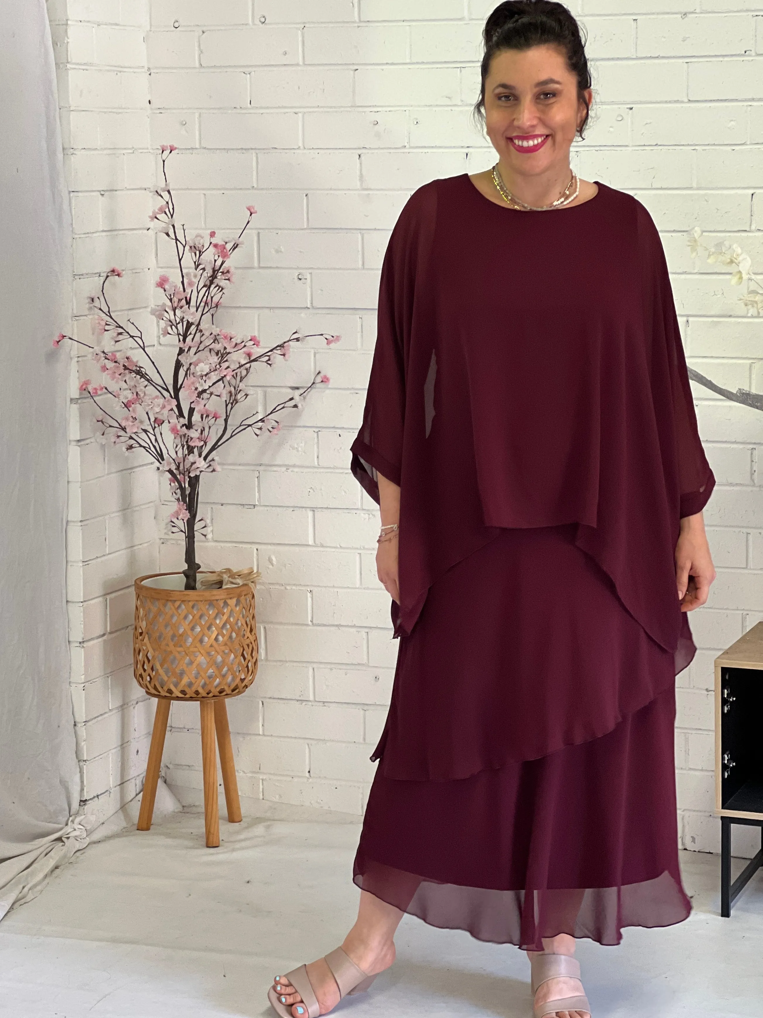 Aria Burgundy Chiffon Evening Top