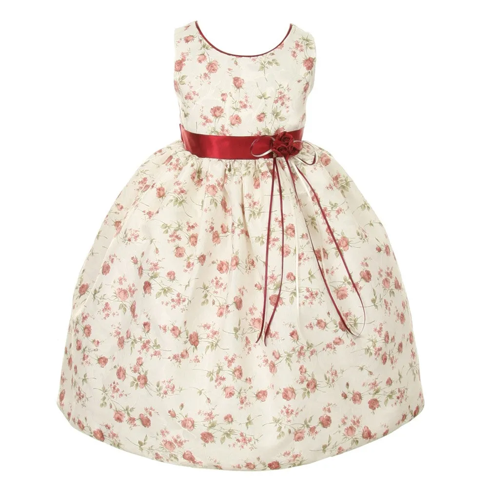 Big Girls Burgundy Jacquard Floral Printed Satin Sash Easter Dress 8-12