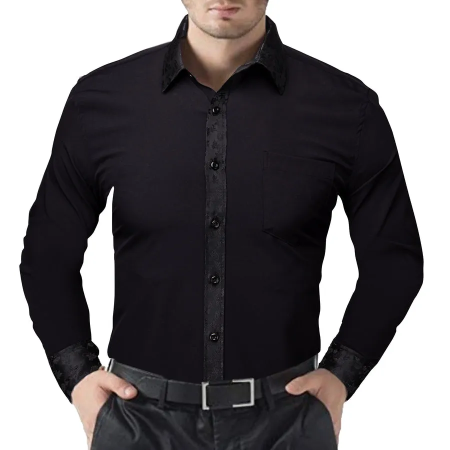 Black Dress Shirt with Subtle Floral Accent Trim