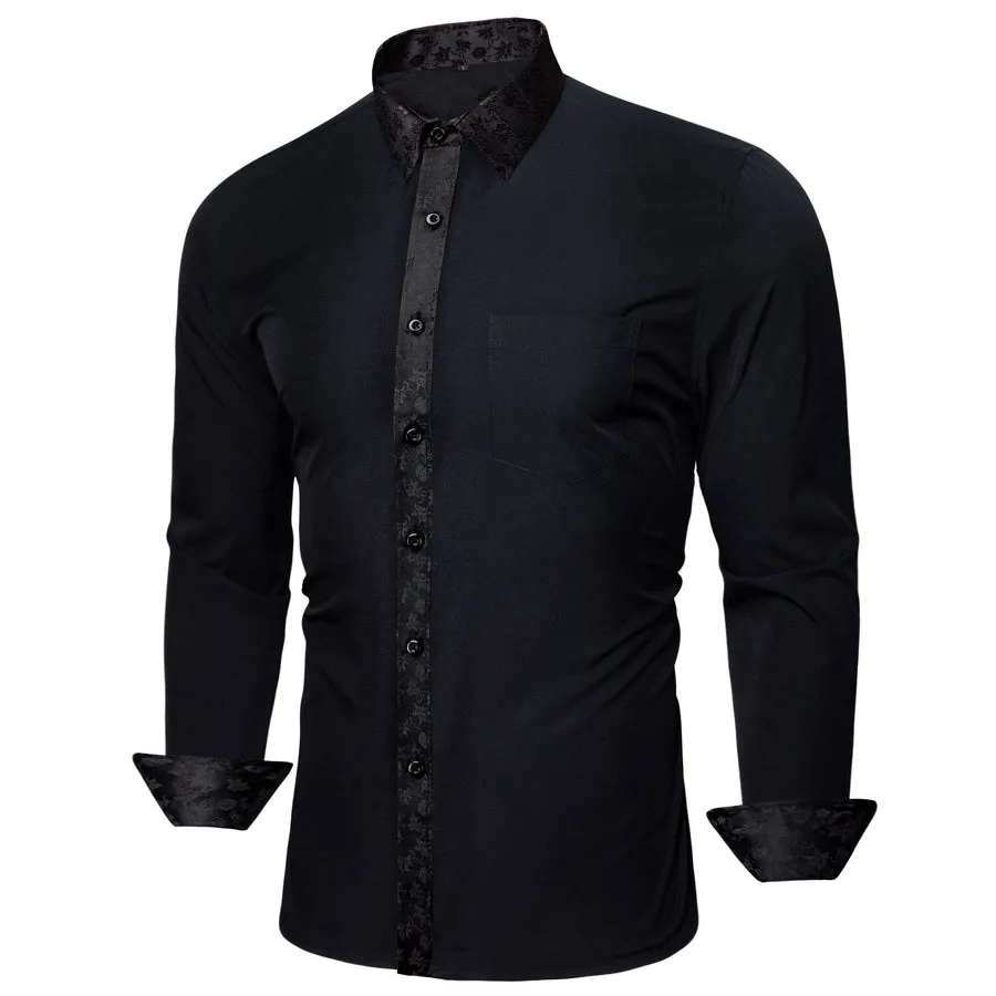 Black Dress Shirt with Subtle Floral Accent Trim