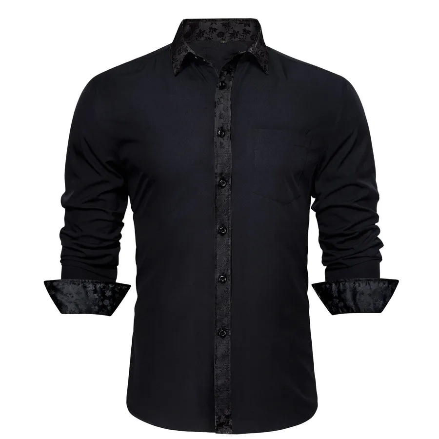 Black Dress Shirt with Subtle Floral Accent Trim