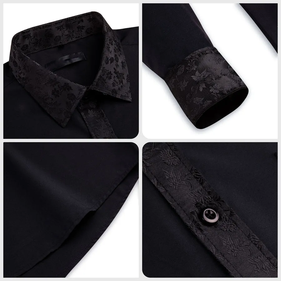 Black Dress Shirt with Subtle Floral Accent Trim