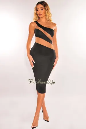 Black Nude Mesh Illusion One Shoulder Dress