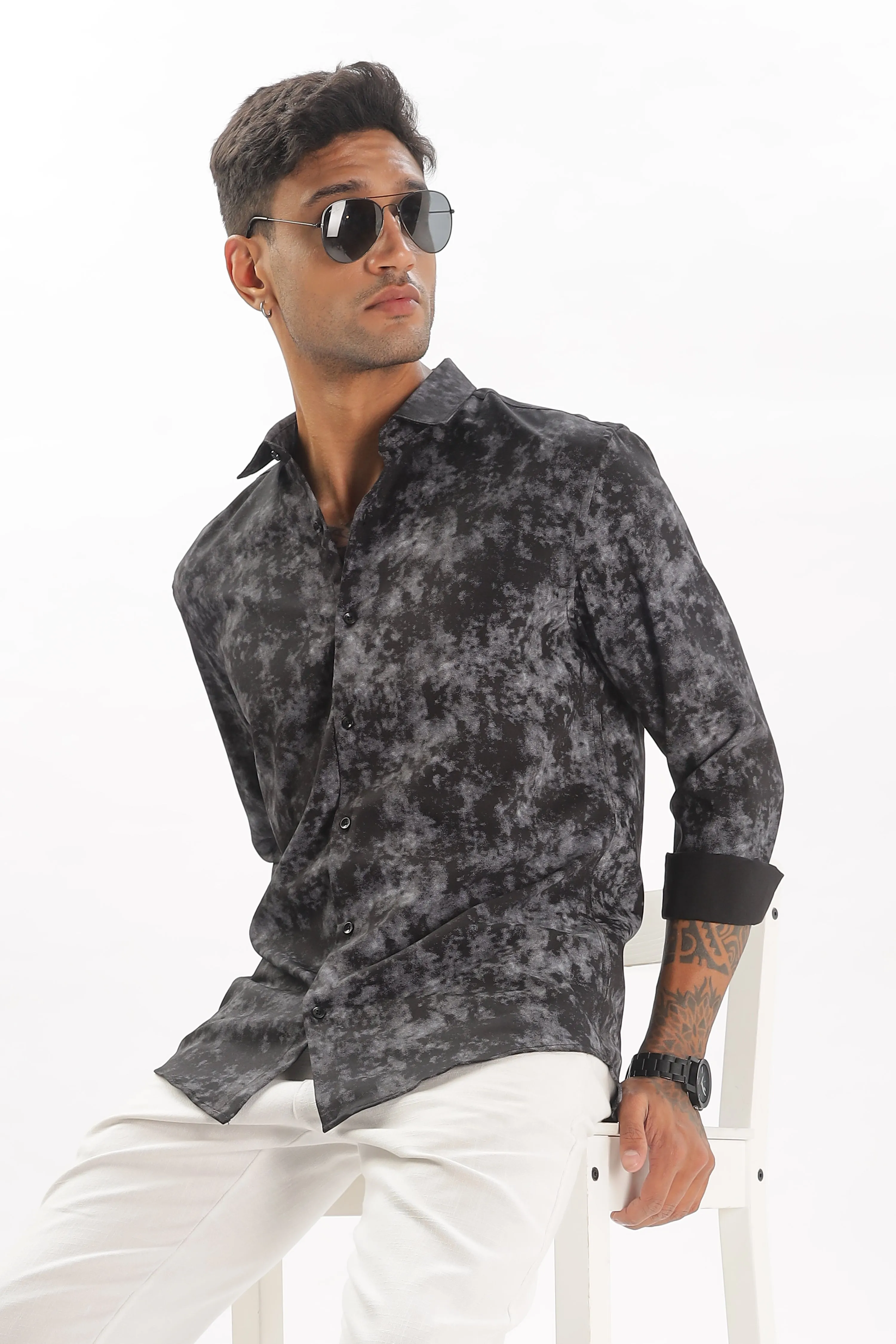 Black Slim Fit Self Design Casual Shirt