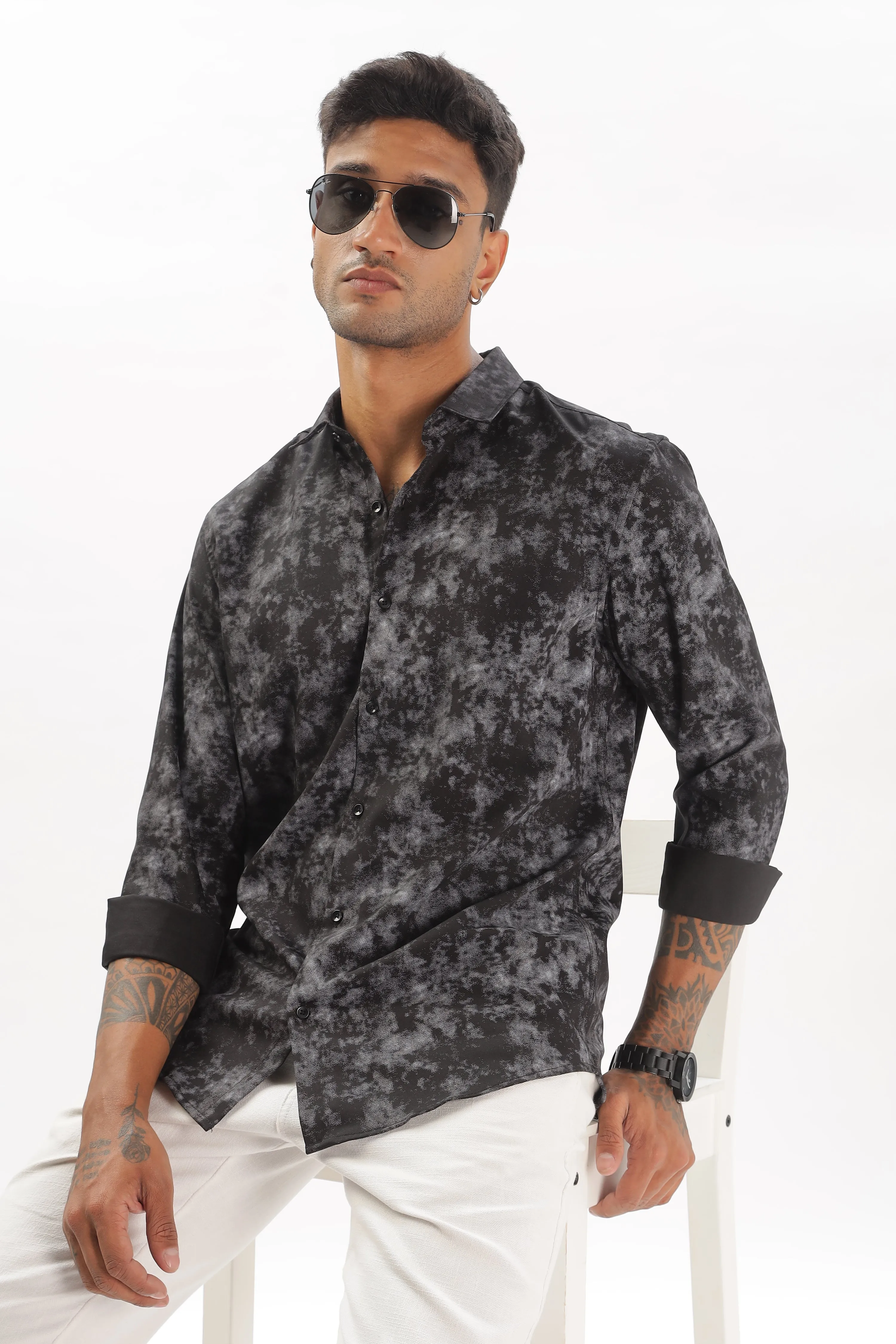 Black Slim Fit Self Design Casual Shirt