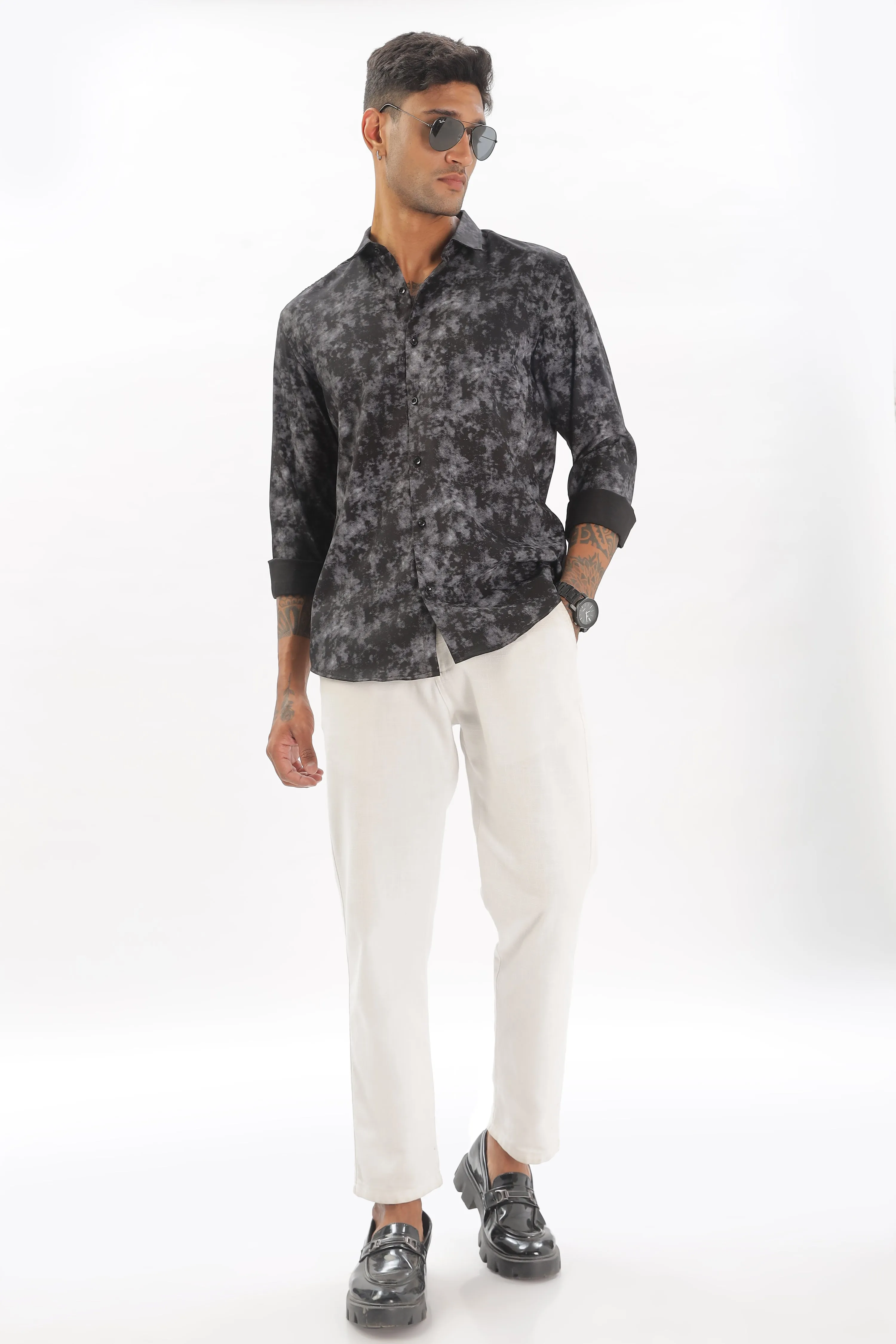 Black Slim Fit Self Design Casual Shirt