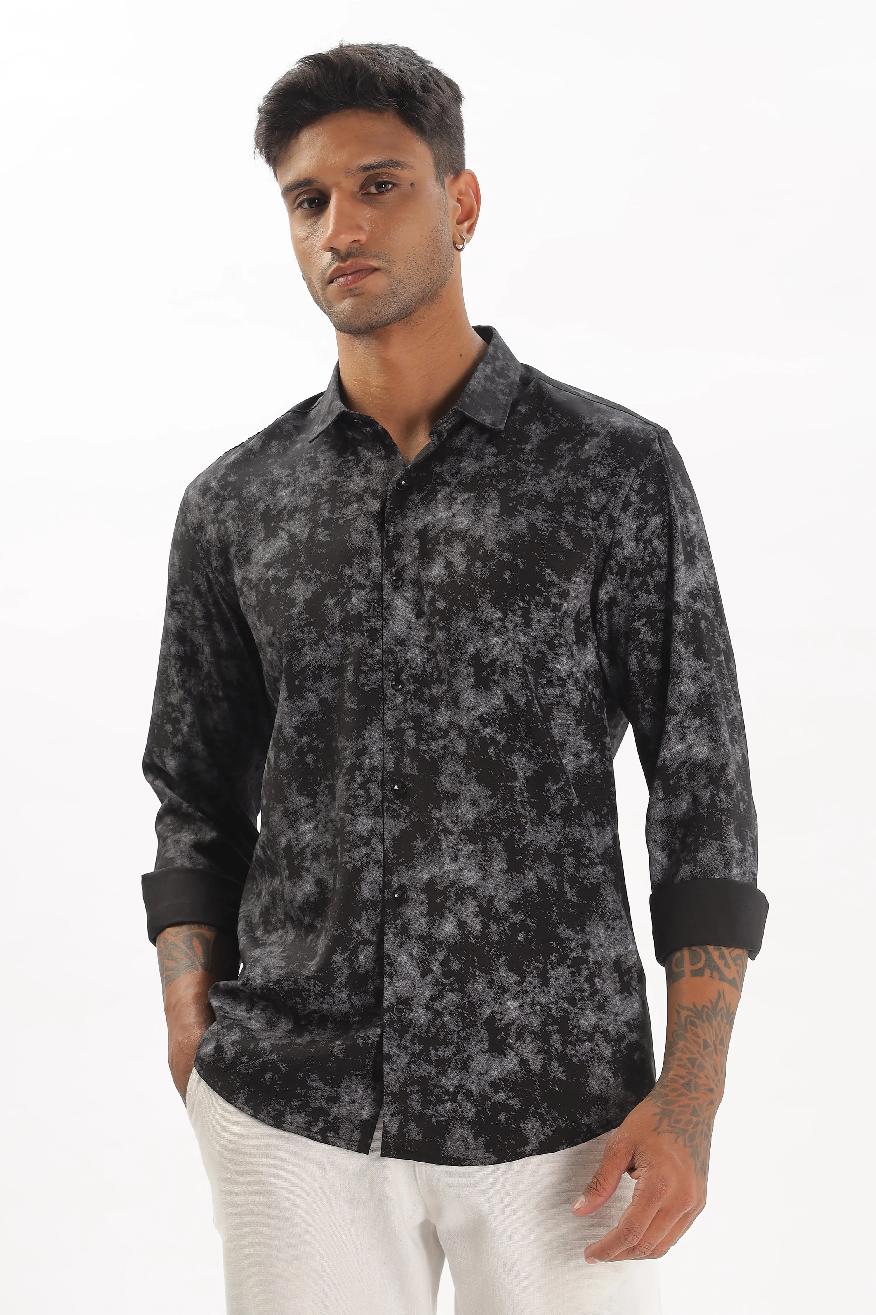 Black Slim Fit Self Design Casual Shirt