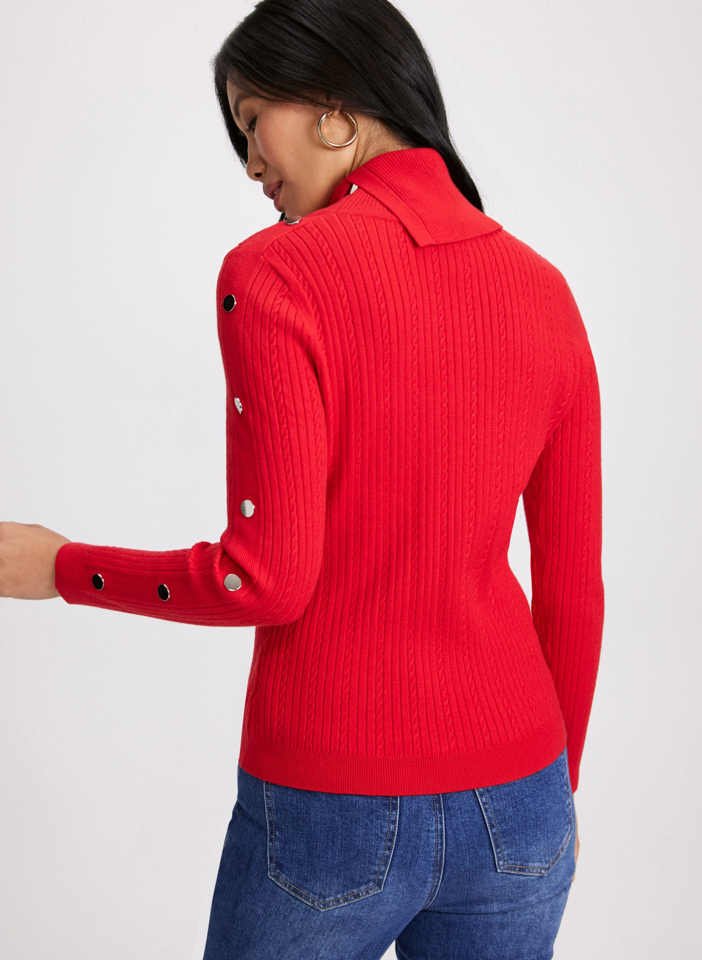 Button Embellished Split-Neck Sweater