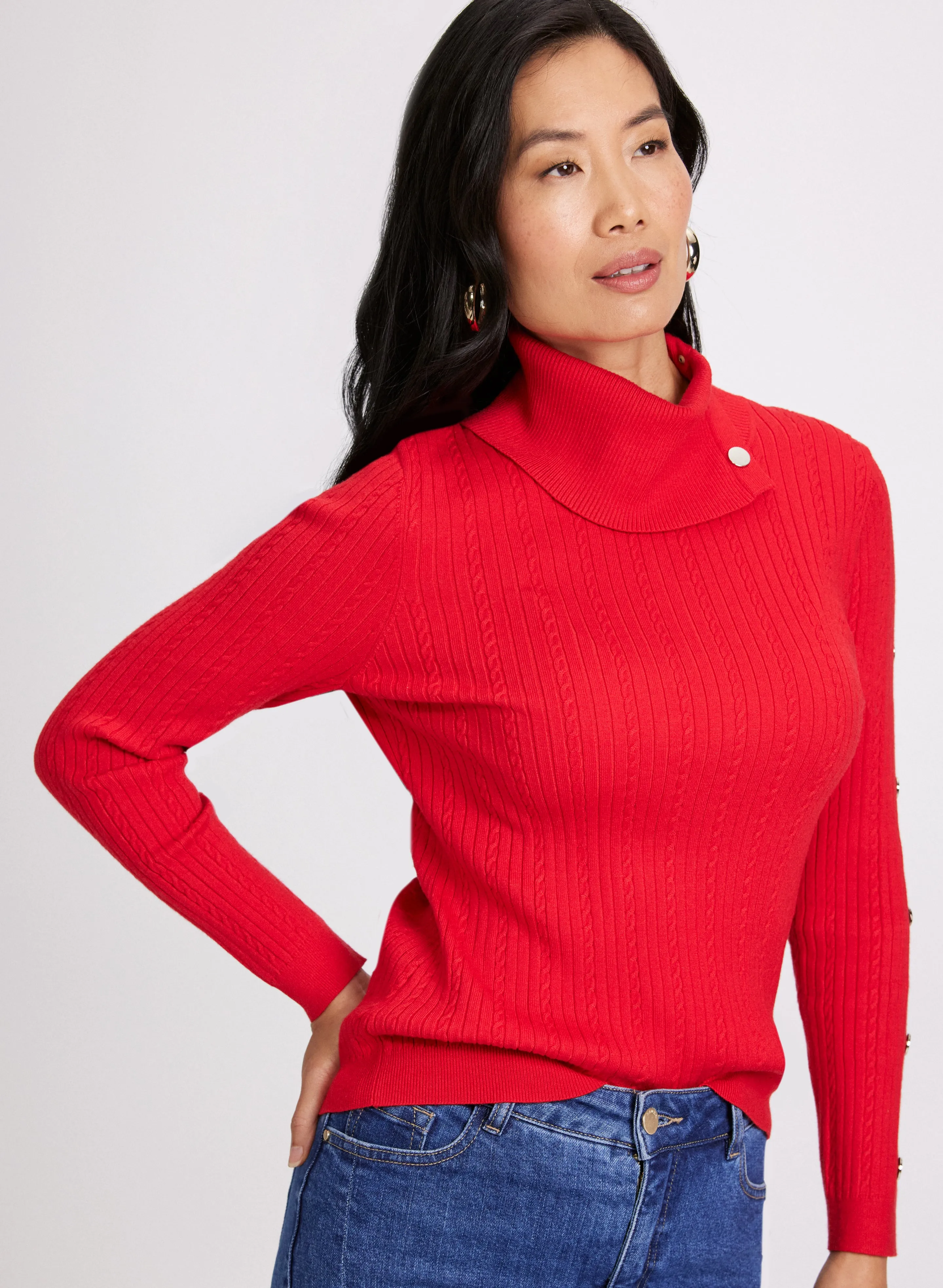 Button Embellished Split-Neck Sweater