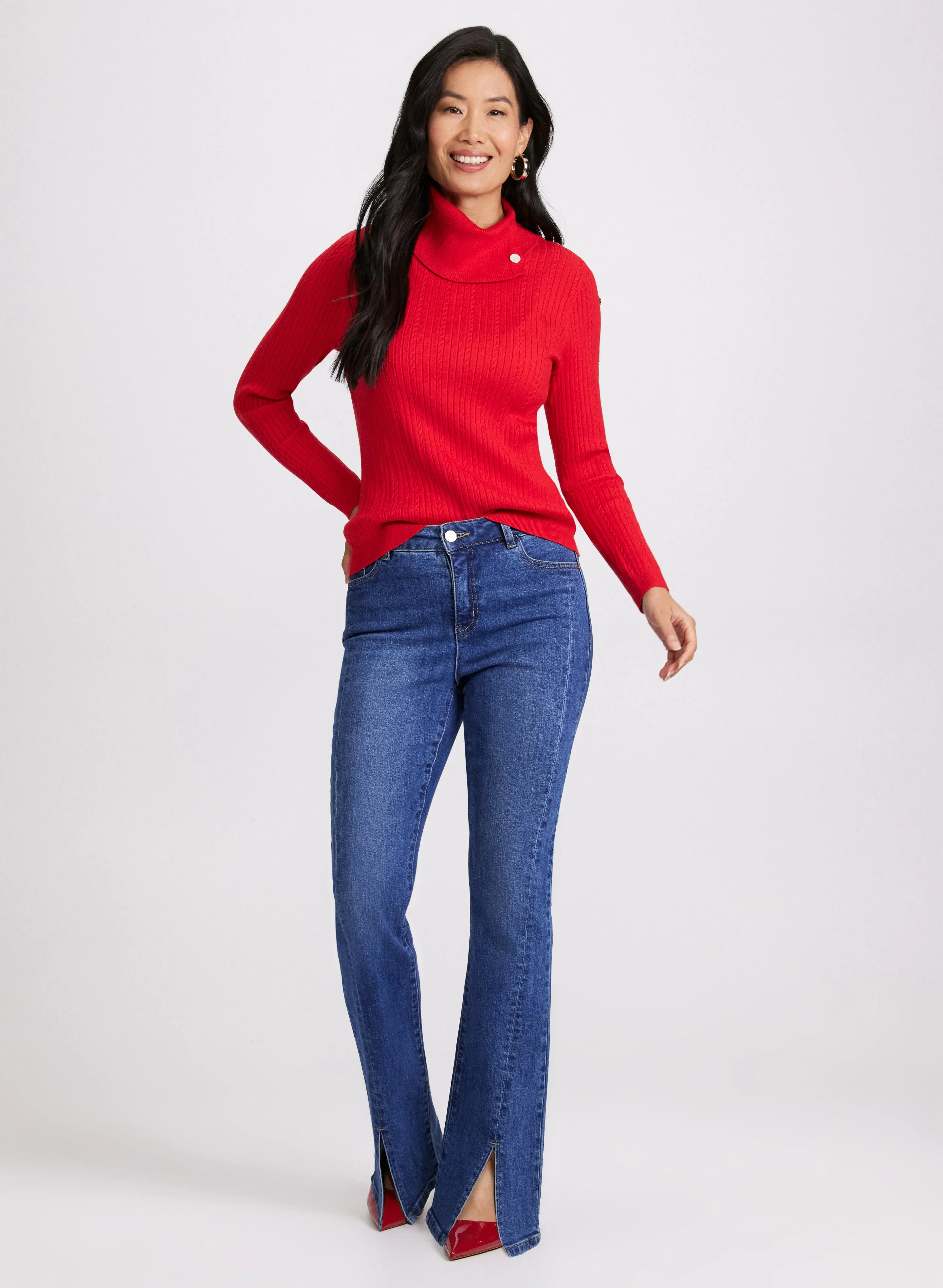 Button Embellished Split-Neck Sweater