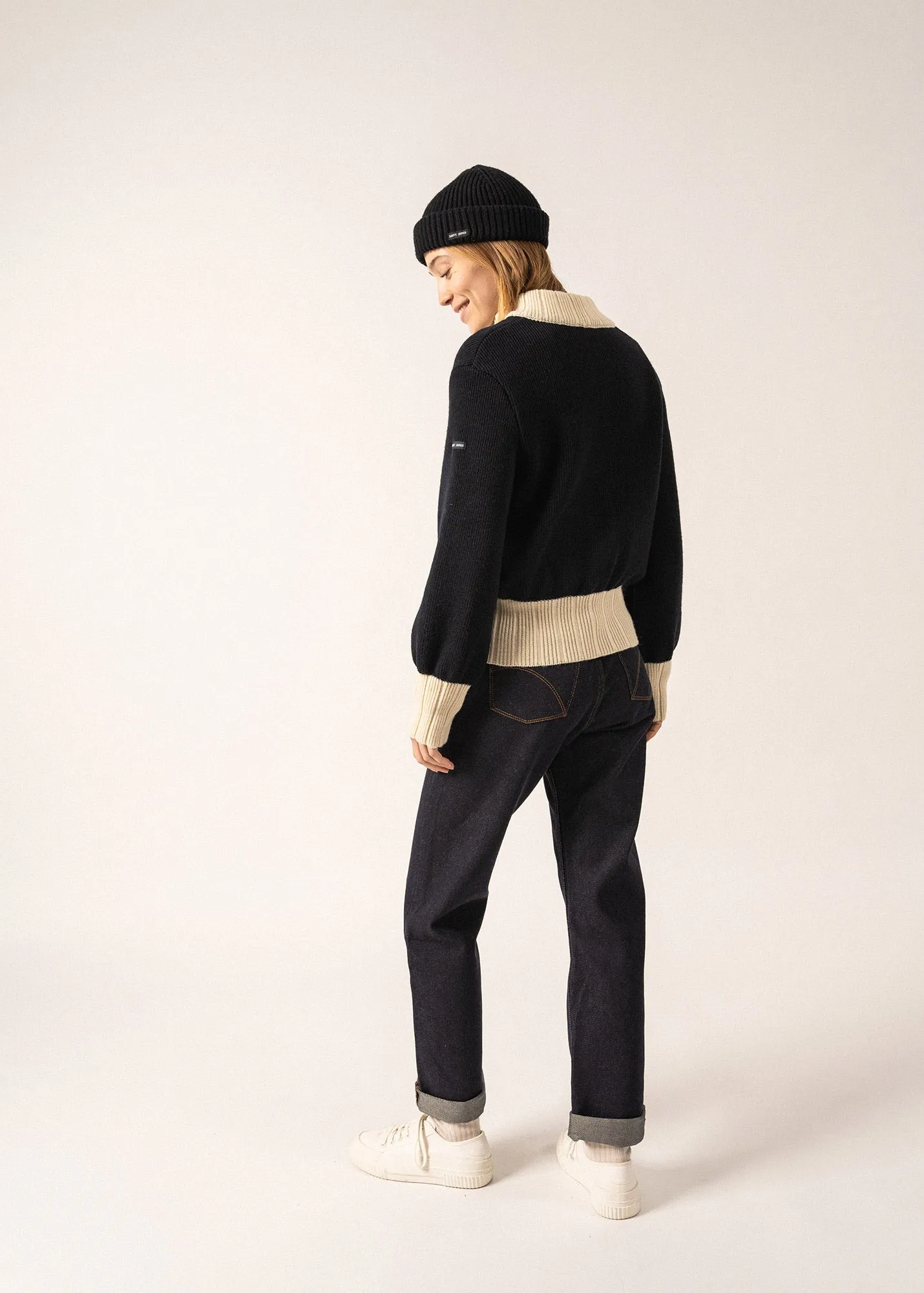 Campus Sports-inspired Cardigan - in wool, with high neck (NAVY/ECRU)