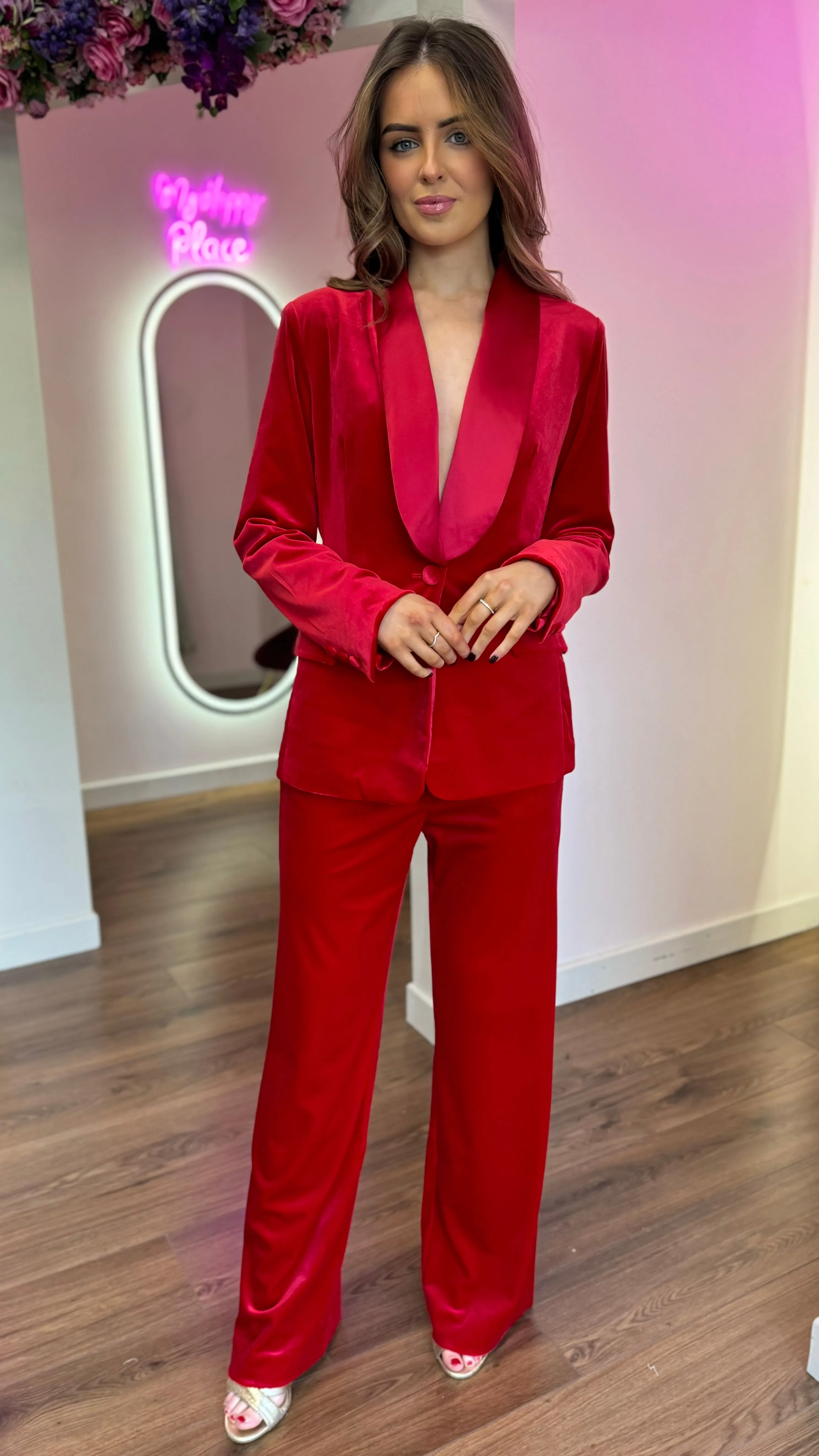 Carina Red Velvet Trousers & Blazer Co-Ord