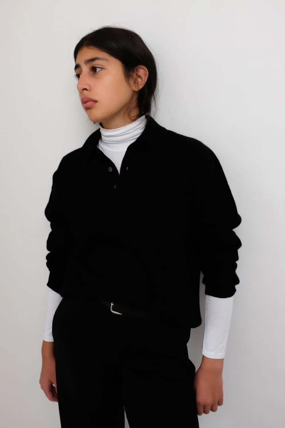 CASHMERE SILK BLACK POLO SWEATER