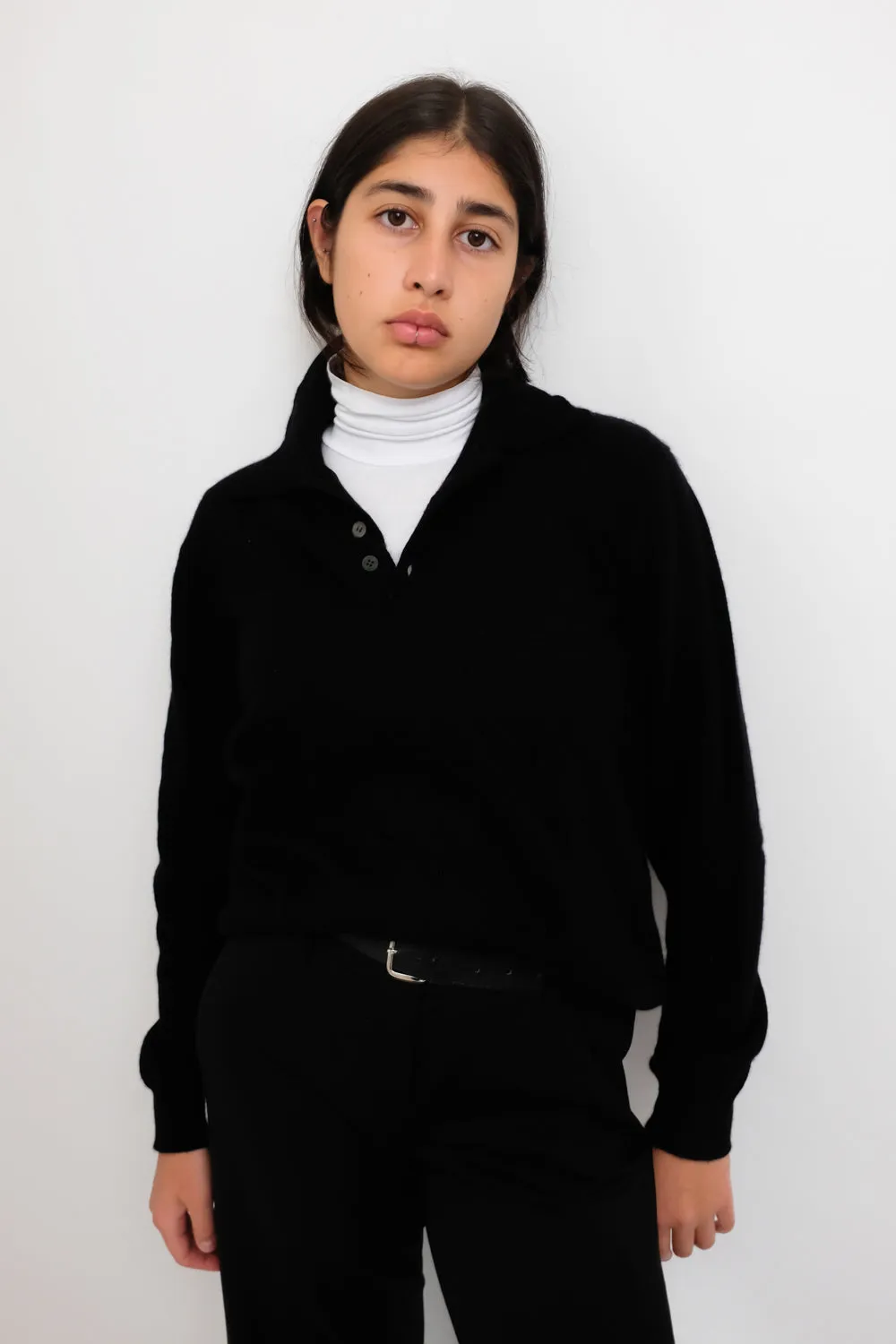 CASHMERE SILK BLACK POLO SWEATER