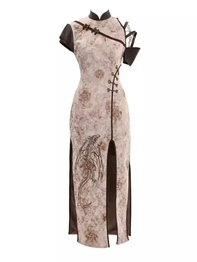 Chinese-Inspired Qipao Dress with Dragon Motif