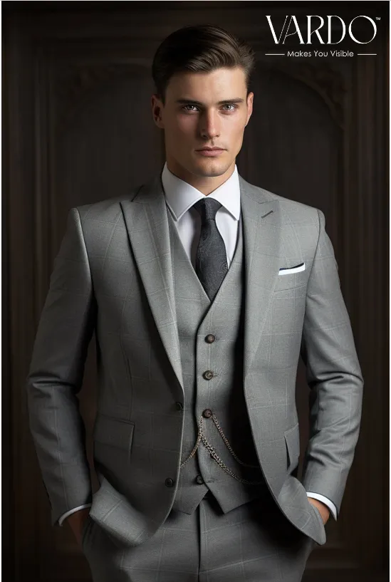 Classic Grey Three Piece Suit for Men | Premium Quality, Tailored Fit, Formal Attire - The Rising Sun store, Vardo