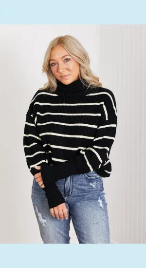 CY Fashion No Worries Full Size Striped Turtleneck Sweater