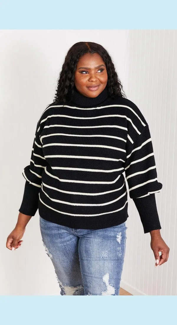 CY Fashion No Worries Full Size Striped Turtleneck Sweater