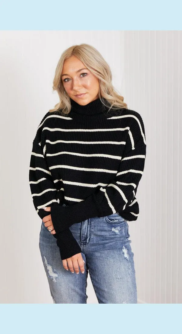 CY Fashion No Worries Full Size Striped Turtleneck Sweater